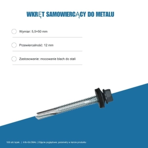 Wkręt samowiercący do metalu 5,5x50 mm, przewiercalność 12 mm, EPDM, 100 szt. – kolor do wyboru